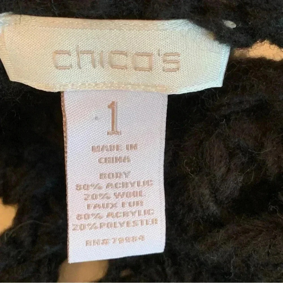 Chicos 1 Wool Blend Crochet Sweater Vest Faux Fur Trim Medium Open Weave Black - Picture 5 of 7